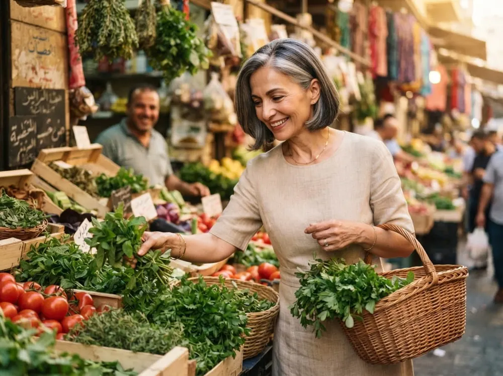 سيدة تختار الخضار والأعشاب الطازجة في سوق بيروت