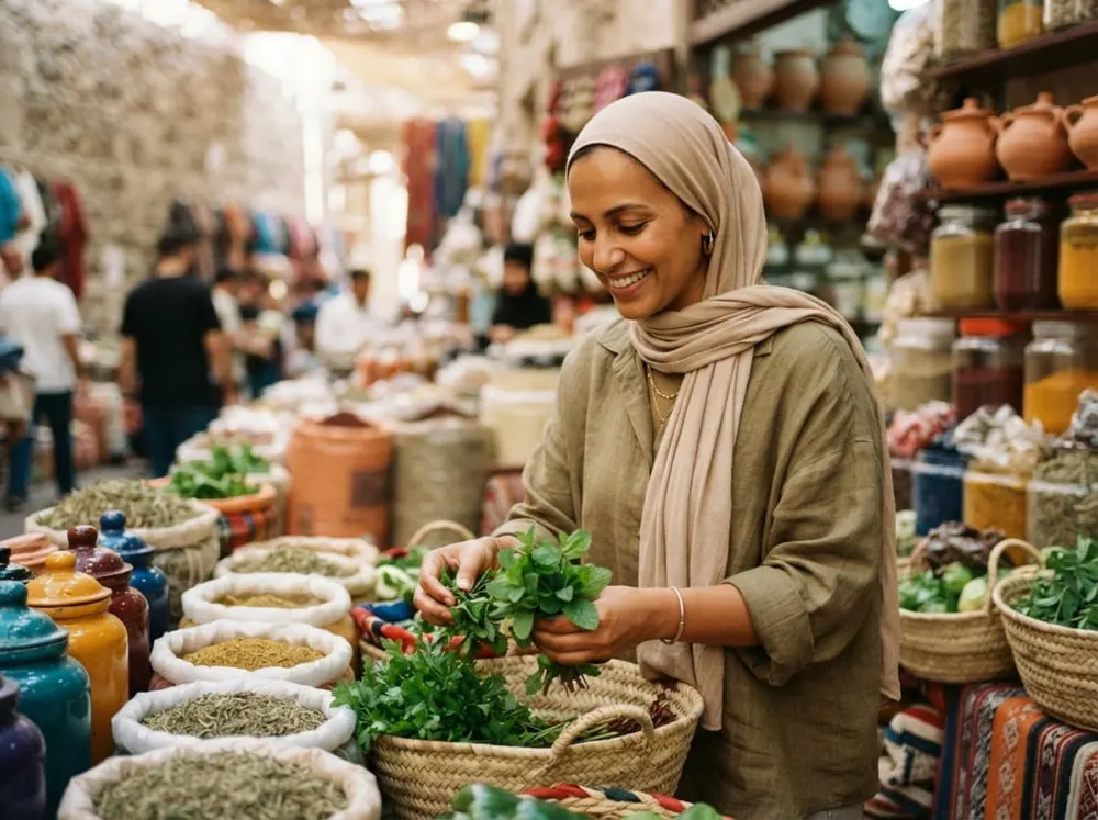 سيدة تتفحّص الأعشاب الطازجة في السوق