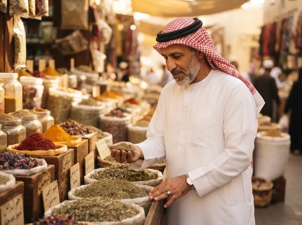 رجل في الأربعينات يتجوّل بين البهارات في السوق