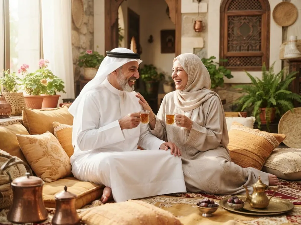 زوجان في الخمسينات يشربان الشاي في المجلس