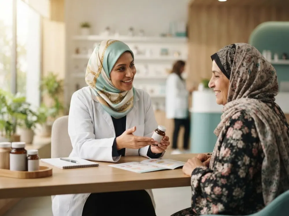أخصائية تغذية تشرح لسيدة كيفية استعمال مكمّل غذائي