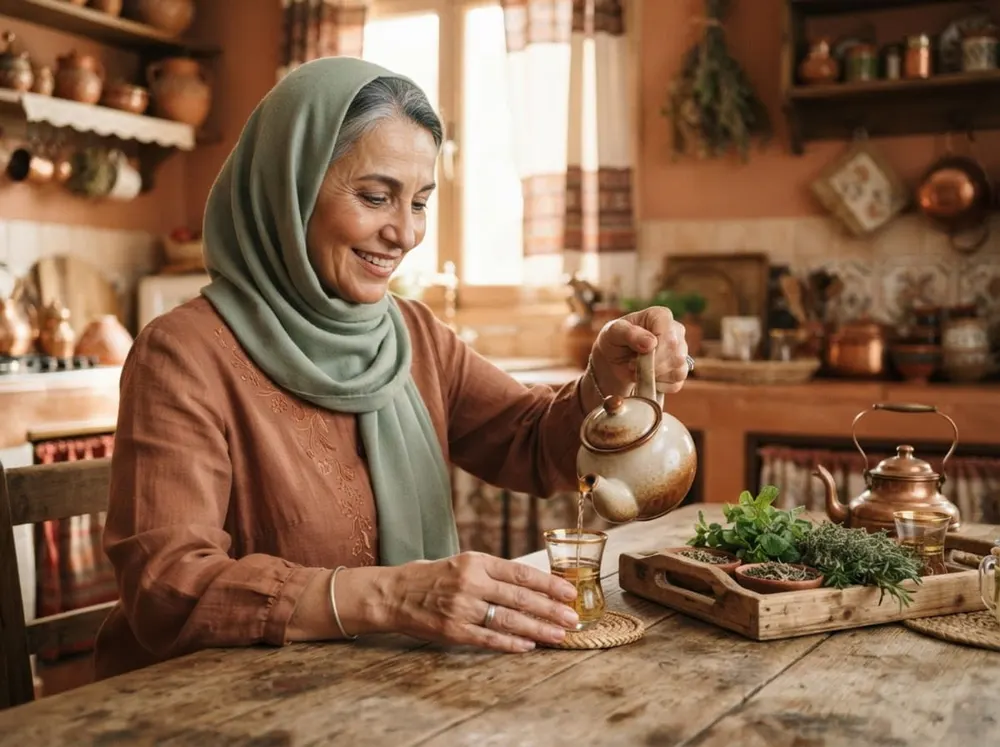 سيدة في الخمسينات تستمتع بكوب شاي أعشاب