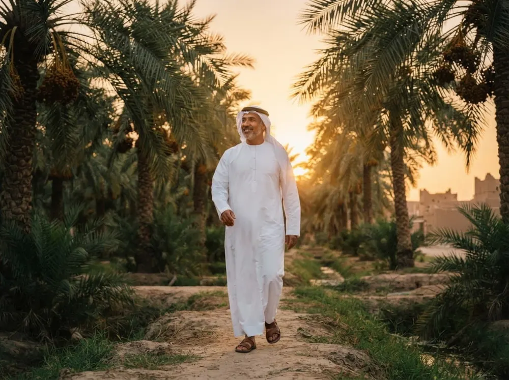 رجل في الخمسين يمشي بين أشجار النخيل