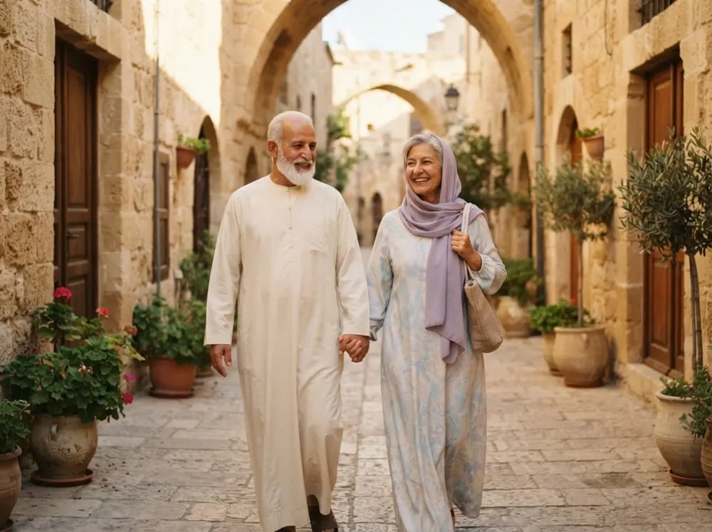 زوجان مسنّان يمشيان يداً بيد