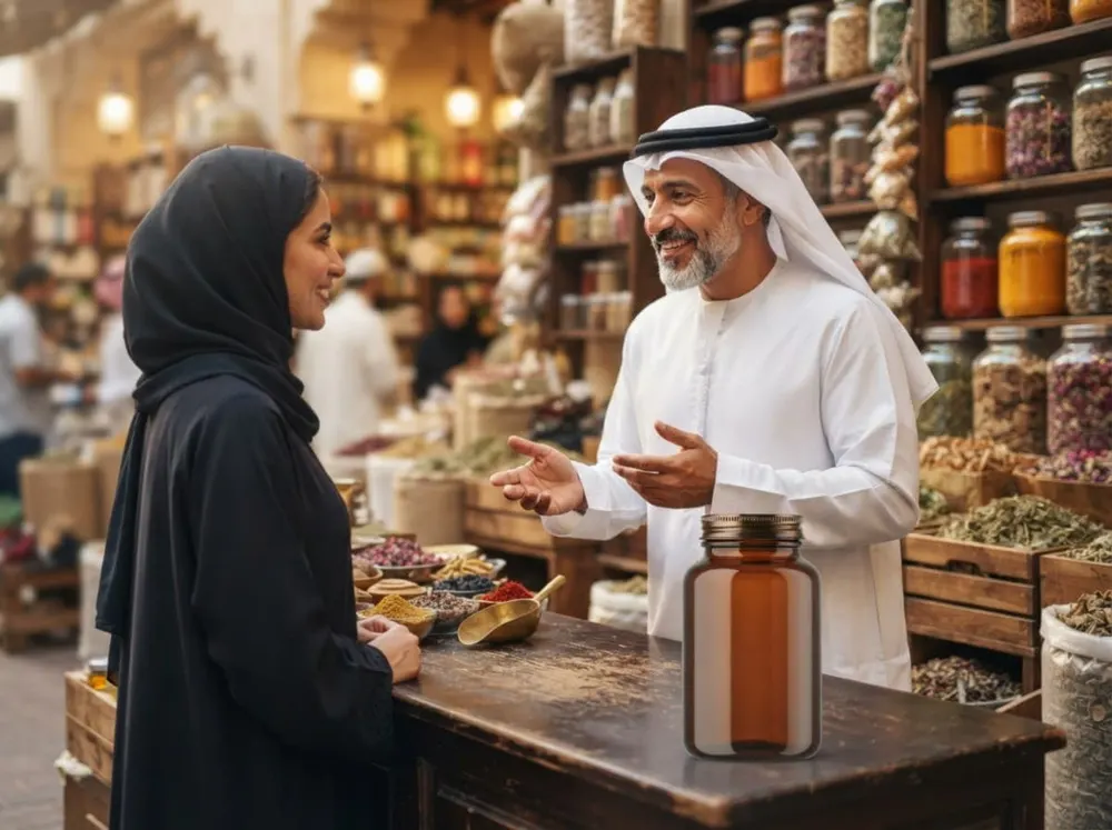 عطّار يشرح لزبونة عن الأعشاب في سوق تقليدي