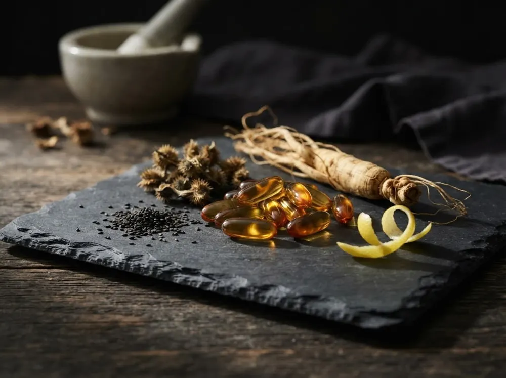 مكمّلات لحيوية الرجل على خلفية داكنة
